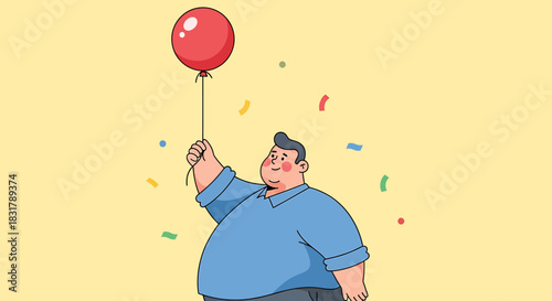 Joyful person holding red balloon celebrating happiness and freedom with confetti.