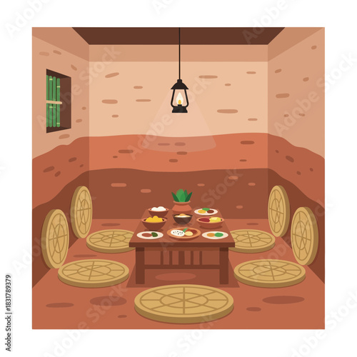 Traditional subterranean dining scene with authentic cuisine and lantern light