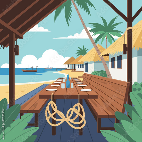 Beachside dining retreat with tropical scenery and inviting atmosphere