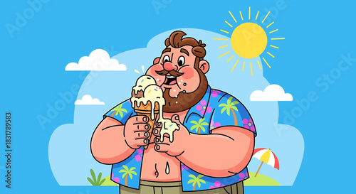 Happy Man Enjoying Melting Ice Cream Cone on a Hot Summer Day.