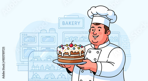 Happy baker proudly presents a delicious cake with berries and cream.