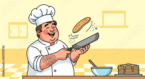 Happy chef flipping a pancake in the kitchen.