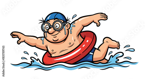 Cartoon Swimmer with Goggles and Inner Tube in Water.