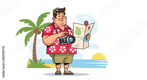 Cartoon Tourist with Map and Camera on Tropical Beach.