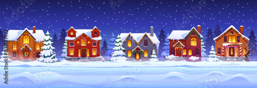 Snowy night Christmas village, winter town street with houses and trees cartoon background. Vector Christmas holiday night scene of snowy town house, village home or cottage buildings with Xmas decor