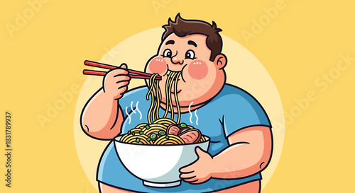 Cartoon man enjoys eating noodles from a large bowl with chopsticks.