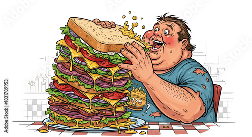 Cartoon Man Attempting to Eat an Enormous Sandwich.