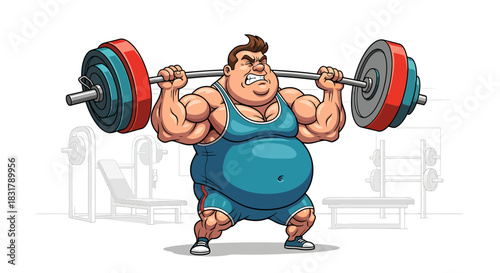Cartoon Man Lifting Heavy Barbell with Determination.