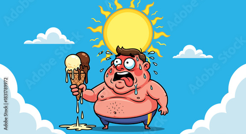 Cartoon Man Overheated Holding Melting Ice Cream Under Blazing Sun.