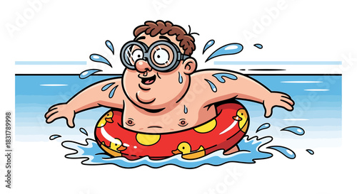 Cartoon man swimming with inflatable ring in water.