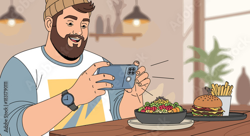 Bearded man in a beanie taking a photo of his food with a smartphone.