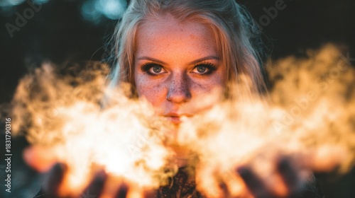 Wallpaper Mural Young woman creates flames with her hands in a magical outdoor setting Torontodigital.ca