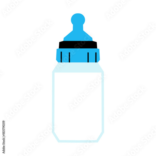 Minimalist Baby Bottle with Blue Nipple and Milk, Flat Vector Icon for Infant Feeding and Care