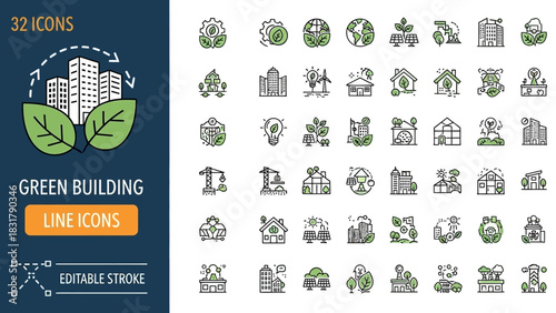 Green Building Line Icons Set - Eco-friendly Architecture and Sustainable City Concepts