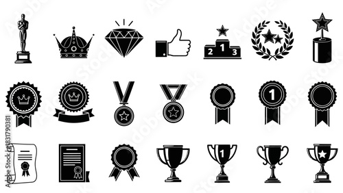 Collection of elegant black and white award, trophy, and badge icons perfect for design