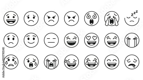 Extensive set of expressive line art icons, depicting a broad spectrum of human emotions and diverse facial expressions, ideal for digital design and user interface applications