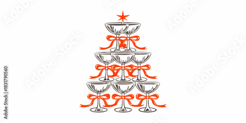 Champagne tower christmas tree with red bows and star topper