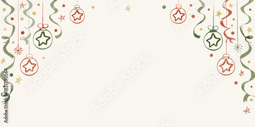 Festive christmas ornament and ribbon border with neutral background