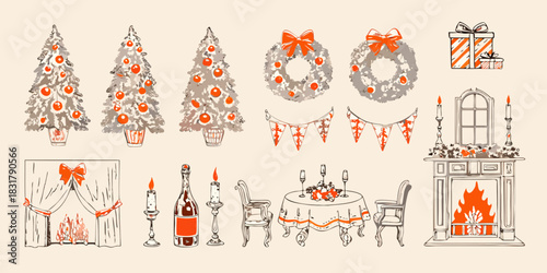 Hand drawn christmas elements with trees fireplace table and decorations