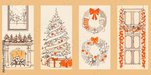 Hand drawn christmas decorations set with fireplace tree wreaths and door