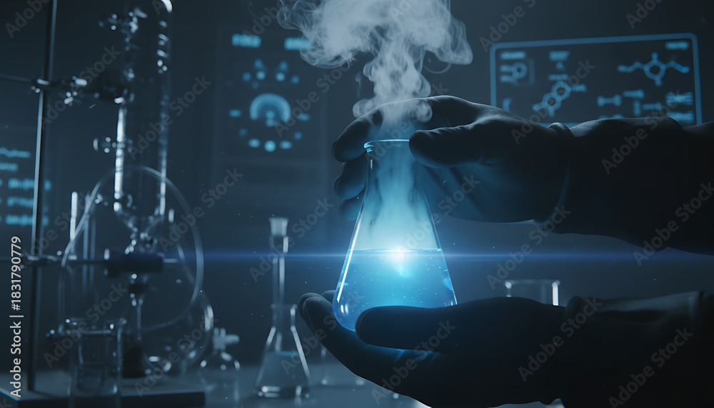 Fototapeta premium Scientist analyzing vibrant liquid in lab beaker for groundbreaking research work