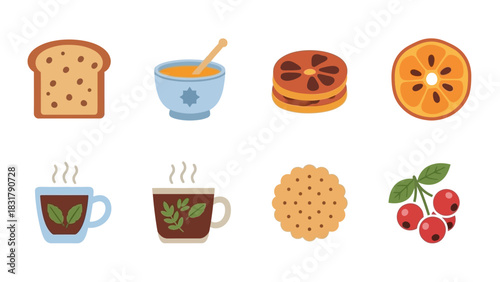 A collection of breakfast and snack items including bread, tea, fruit, and cookies.