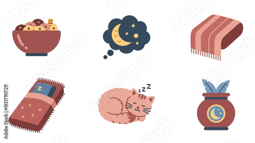 Six cozy flat design icons related to sleep, comfort, and home, including a bowl of fruit, a dream bubble, a blanket, a sleeping bag, a sleeping cat, and a night-themed jar.