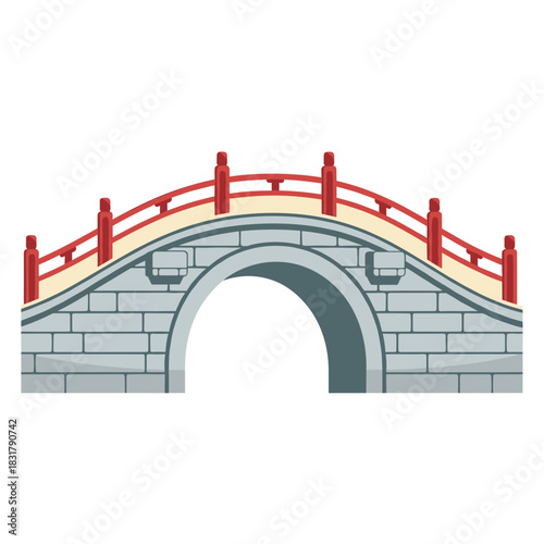Simplified ancient Chinese arched stone bridge with curved railings isolated on transparent background