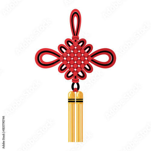 A symmetrical Chinese decorative knot made from thick red cord with gold tassels, centered on a transparent background.