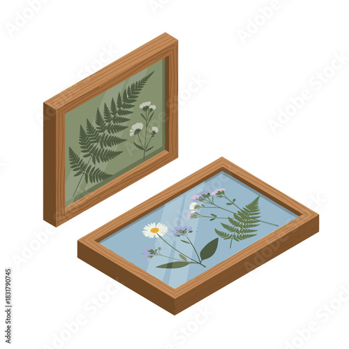 Framed botanical art with ferns and flowers on minimalist display  