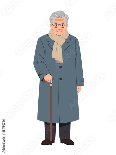 Elderly man standing with cane while wearing a coat and scarf on transparent background