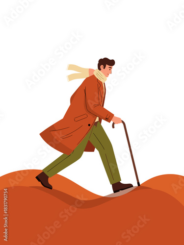 A man in a brick-colored coat, depicted mid-stride, with a cane. His scarf flutters slightly.