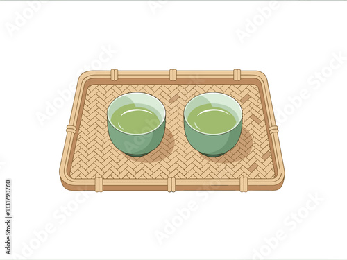 Rectangular woven bamboo tray with two small tea cups without handles, isolated on transparent background.