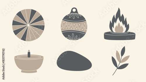 Minimalist flat illustration of various decorative and natural elements including a sun, ornament, fire, candle, stone, and leaves.