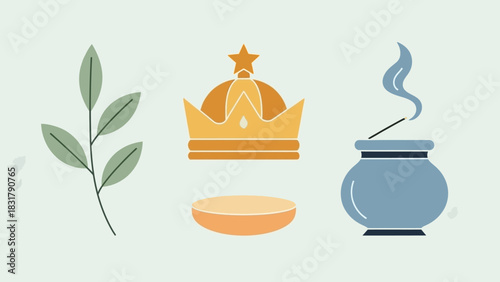 A collection of symbolic items including a green leafy branch, a golden crown, and an incense pot.