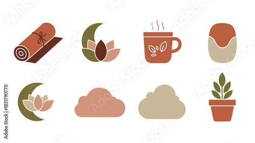 A collection of eight minimalist icons representing wellness, nature, and relaxation, including yoga mats, lotus flowers, steaming mugs, clouds, and potted plants in earthy tones.