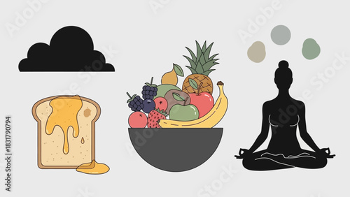 An illustration depicting a balanced lifestyle with elements of mood, healthy eating, and meditation.