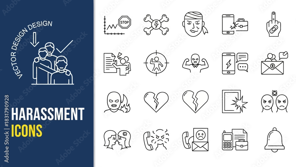 Fototapeta premium Comprehensive vector line icon set depicting various forms of harassment, social conflict, abuse, and cyberbullying concepts for modern design projects and public awareness campaigns