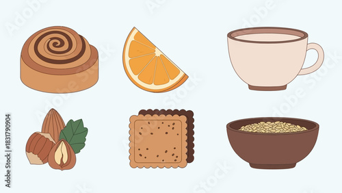 Breakfast food items: pastry, orange slice, coffee, nuts, crackers, cereal.