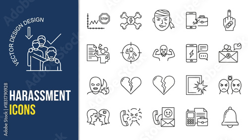 Comprehensive vector line icon set depicting various forms of harassment, social conflict, abuse, and cyberbullying concepts for modern design projects and public awareness campaigns