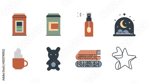 Collection of flat design icons depicting cozy evening and relaxation items like tea, spray, night sky, mug, teddy bear, and blankets.