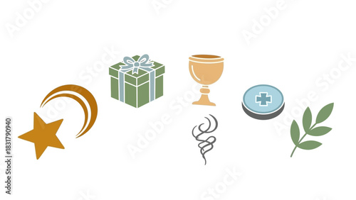 Collection of various religious and celebratory symbols, including a star, gift, chalice, and more.