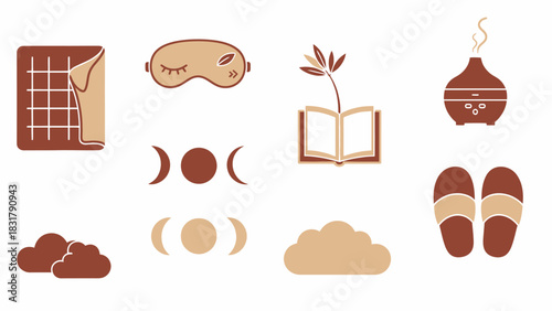 Collection of flat design icons representing relaxation, comfort, and spiritual well-being, including sleep mask, blanket, book, diffuser, moon phases, and slippers.