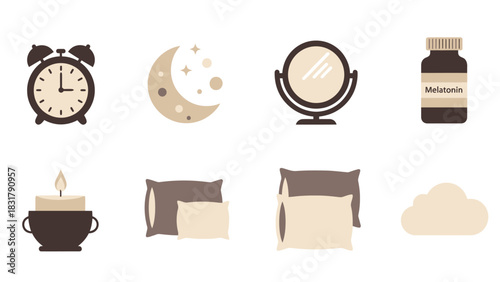 A collection of flat design icons representing sleep, relaxation, and bedtime routines on a white background.