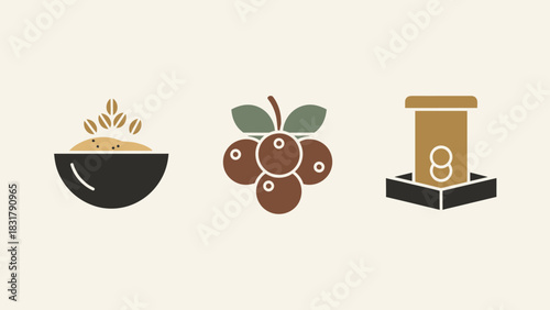 A collection of food-related icons featuring a bowl of cereal, a bunch of berries, and a honey dispenser.