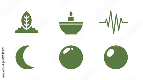Collection of six minimalist green icons depicting nature, light, health, celestial bodies, and abstract spheres on a white background.