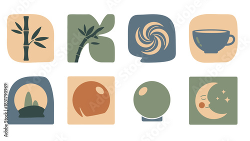 Collection of eight stylized icons featuring nature, objects, and abstract shapes in a muted color palette.