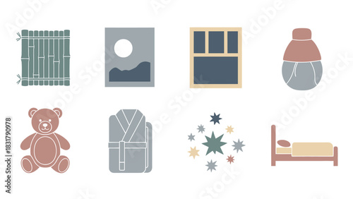 Collection of bedroom related icons including bed, window, teddy bear, and robe.
