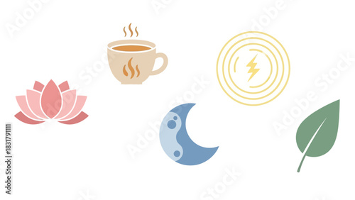 A collection of five minimalist icons representing wellness, nature, energy, and relaxation, including a lotus, tea cup, moon, lightning bolt, and leaf.