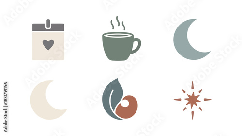 A collection of six minimalist icons in a muted, earthy color palette, including a calendar, coffee cup, moon, leaf, and star.
